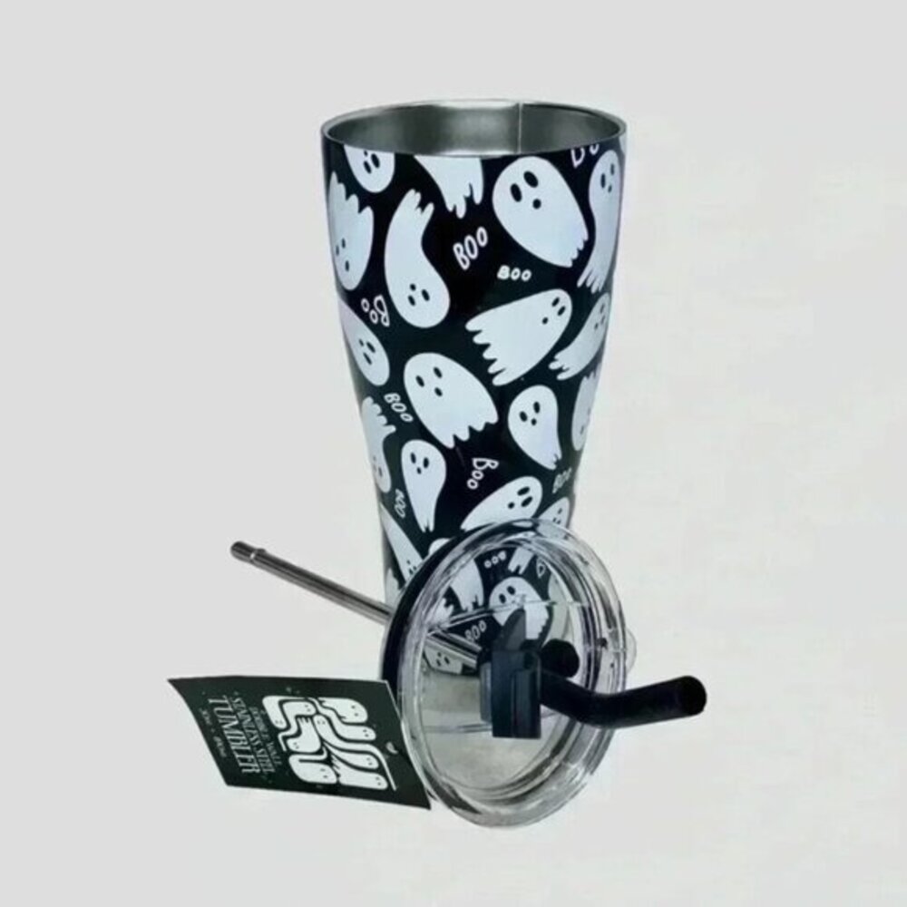 Wellness Double Wall Steel Black & White Tumbler Straw 30oz Halloween Boo Ghosts